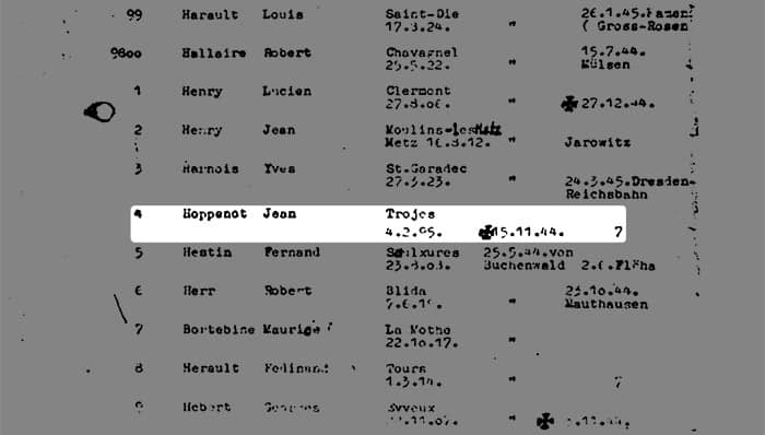 Extrait du registre tenu par les Allemands authentifiant la mort de Jean Hoppenot le 15 novembre 1944